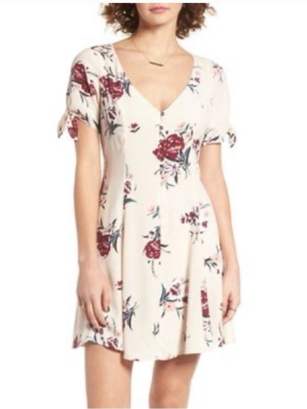 ASTR The Label Floral Button Front Tie Sleeve Mini Dress Blush Pink Women’s L